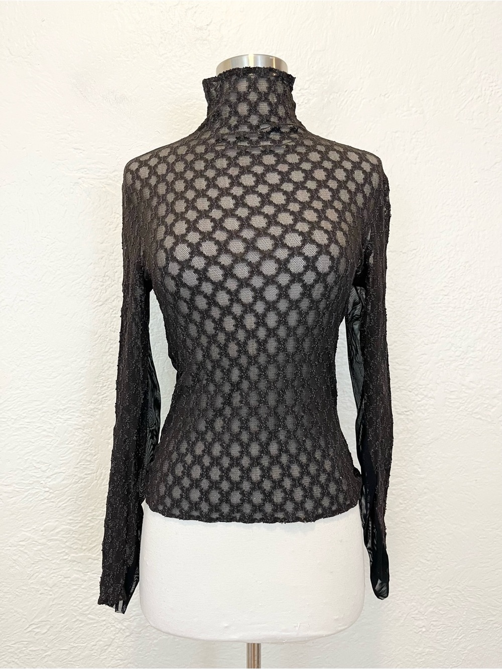 Vintage 90s Y2K Top Sheer Mesh Brown Black Long Sleeve Medium M